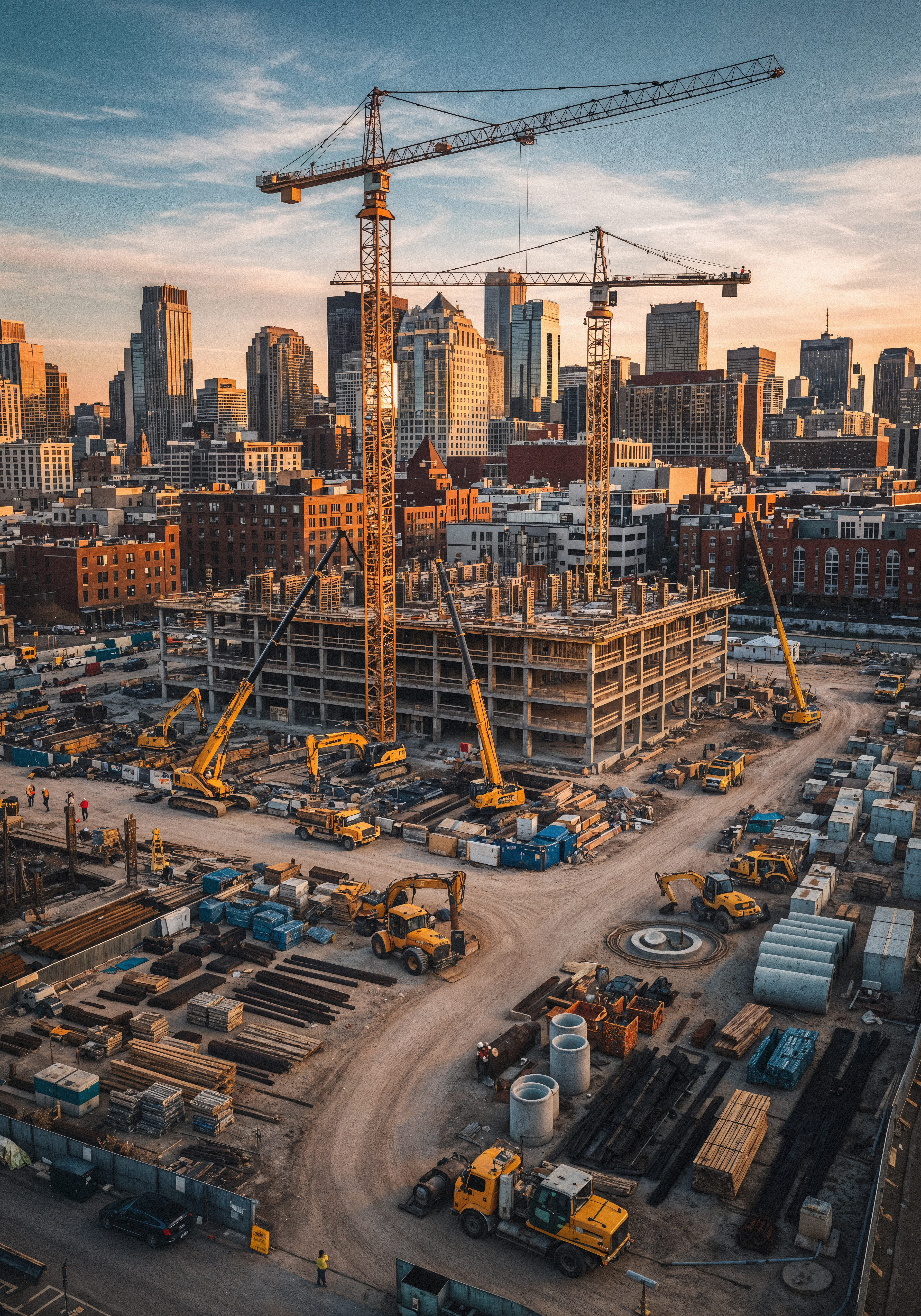 construction site city with cranes buildings
